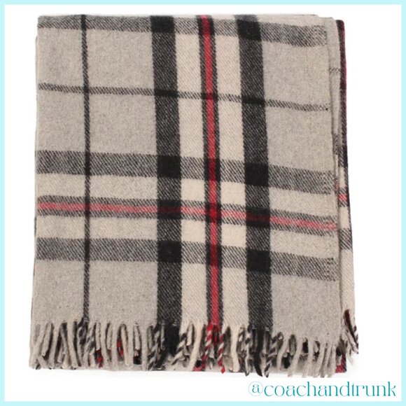 SCOTTISH WOOL IMPORT THROW BLANKET Fringe Tomson Plaid Grey Ivory Black Red NWT - Picture 11 of 13